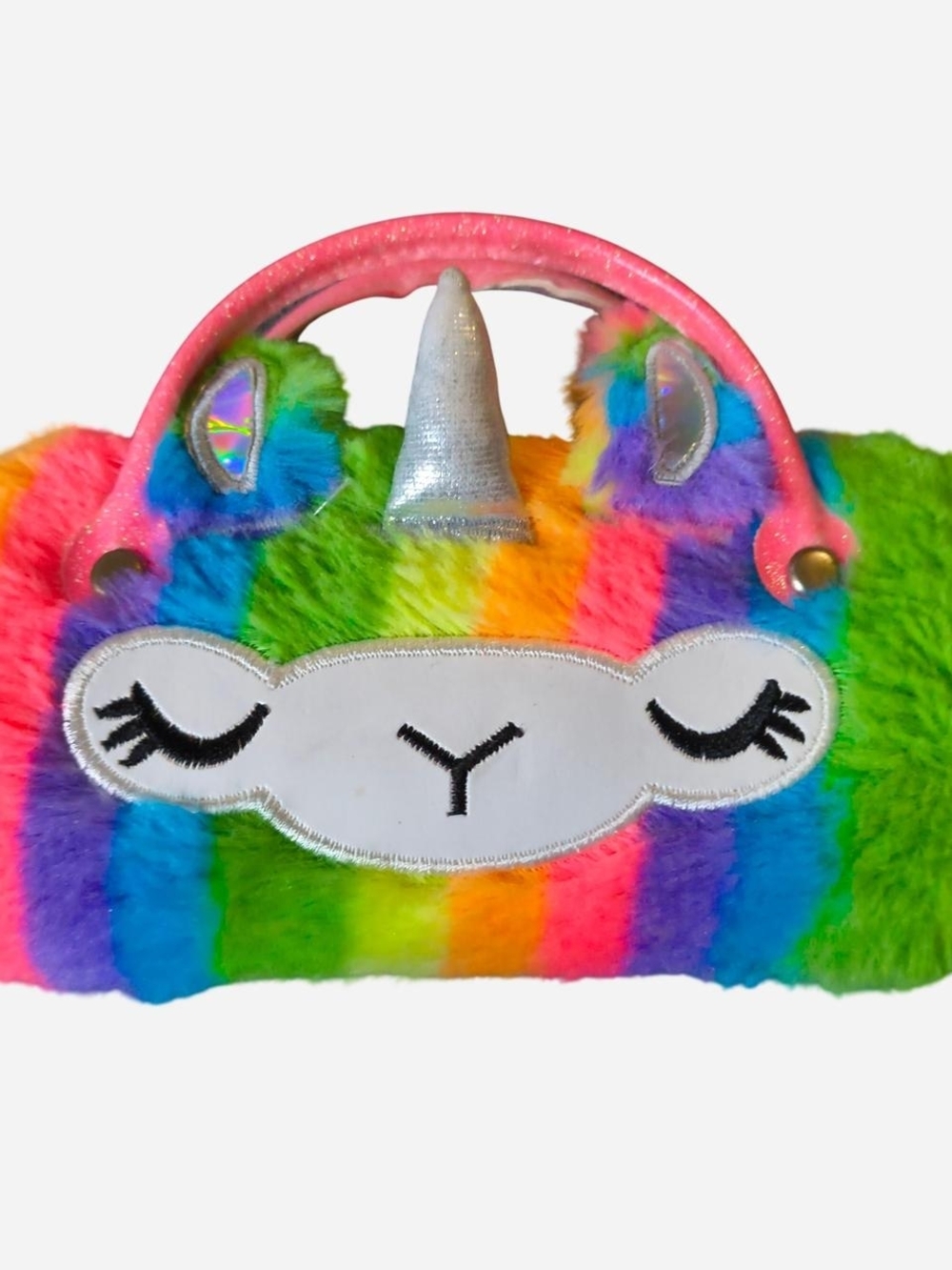 Rainbow Faux Fur Unicorn Face Glasses Case With Handles